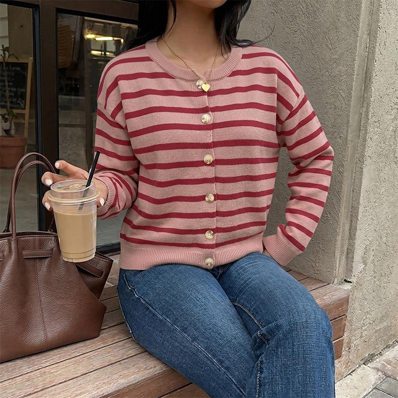 2026 Autumn/Winter European & American Loose Single-Breasted Striped Round Neck Sweater Coat for Women
