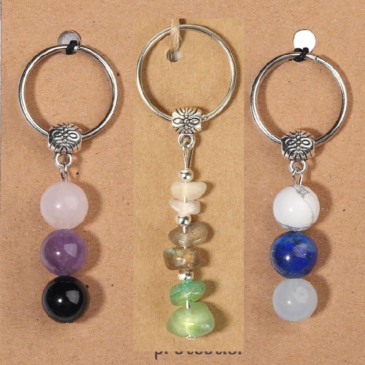 Natural Crystal Stone Keychain Green Chrysoprase Pink Moonstone Rose Quartz Beaded Healing Jewelry For Emotional Balance Gift