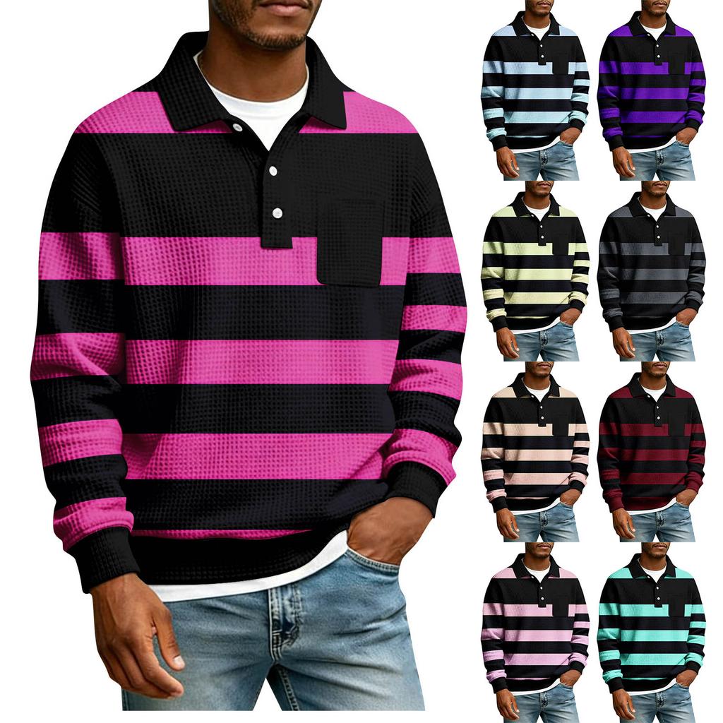 Men's Striped Single Breasted Long Sleeved Shirt With Collar And Pockets Casual Sports T-shirt