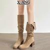 Leather but knee high boots Children's long boots can be folded twice, pleated pile boots High heel thick heel knight boots