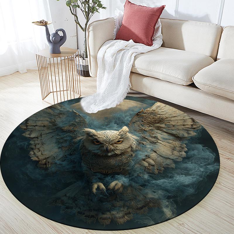 Smoke Wing-Spreading Owl,Round Area Rug,Carpet Rug for Living Room Bedroom Sofa Playroom Decor,Non-slip Floor Mat