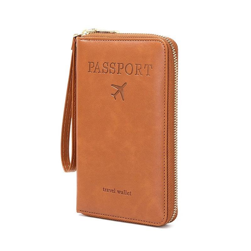 Men Women RFID Blocking Leather Passport Holder Travel Wallet Zip Around Passport Cover Document Organizer with Card Slots Wrist Strap