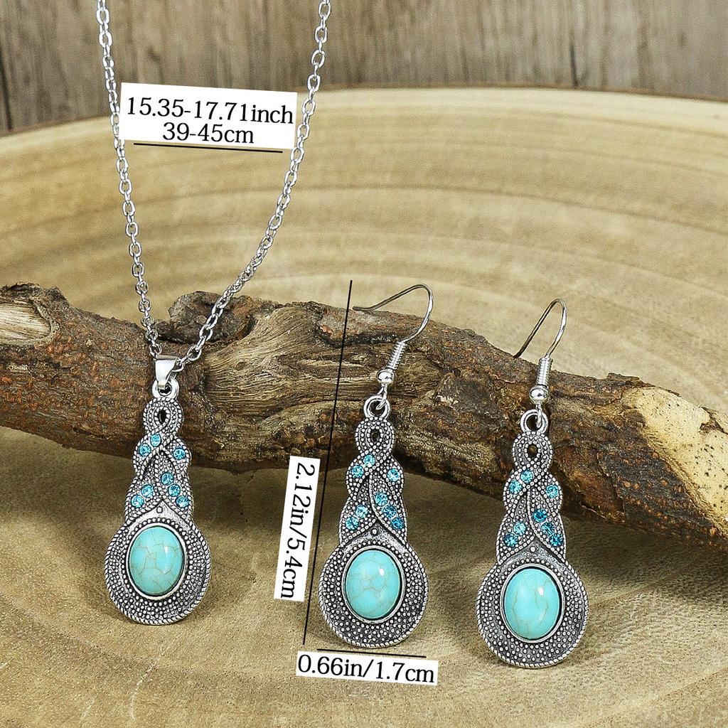 Vintage National Turquoise Necklaces Bohemian Versatile Temperament Exaggerated Rare Turquoise Pendant Necklaces Earrings Set
