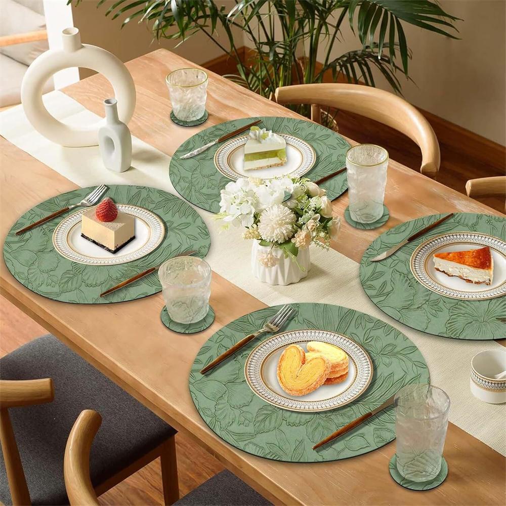 Placemats,Dual Sided PU Leather Place Mats, Heat Resistant Waterproof No-Slip, Washable Round Floral Kitchen Coffee Table Mats