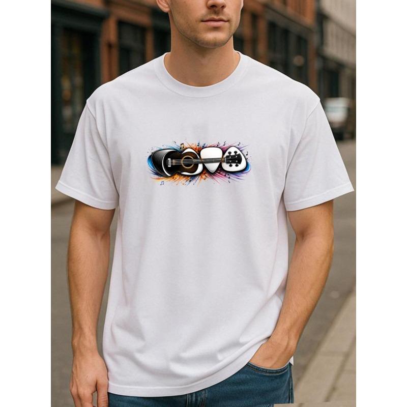 

European Size Guitar LOVE Note Music Romantic Style Pure Versatile T-shirt | Short-sleeved, Casual Fit, Crew Neck, Print Pattern, Perfect for Men 4XL білий