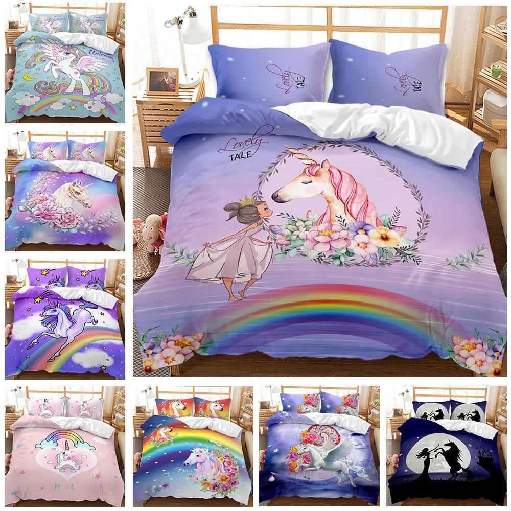 Unicorn Kit 3D Digital Printing Quilt Cover Princess Bedding Girl Three-Piece Set