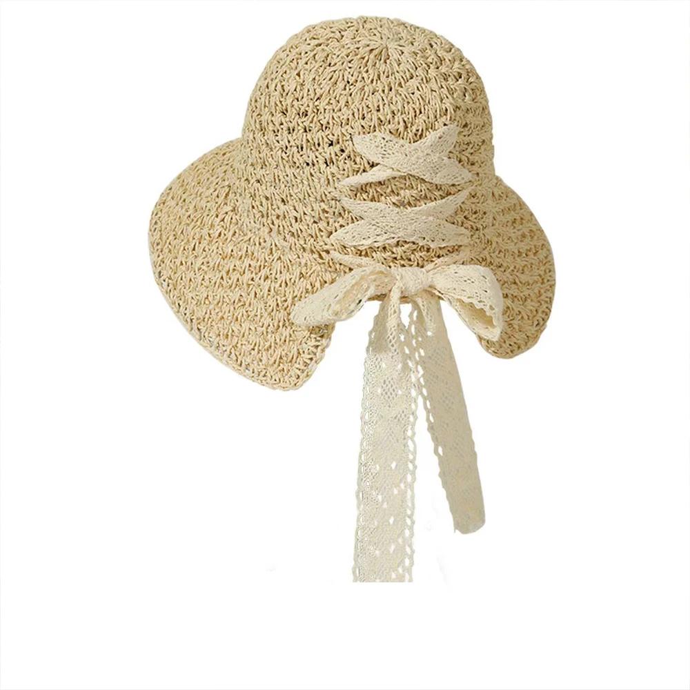 

Women s Straw Panama Sun Hat with Lace-Up Bow & Ponytail Hole - Wide Brim Foldable UV Protection Bucket Hat for Beach Travel бежевый