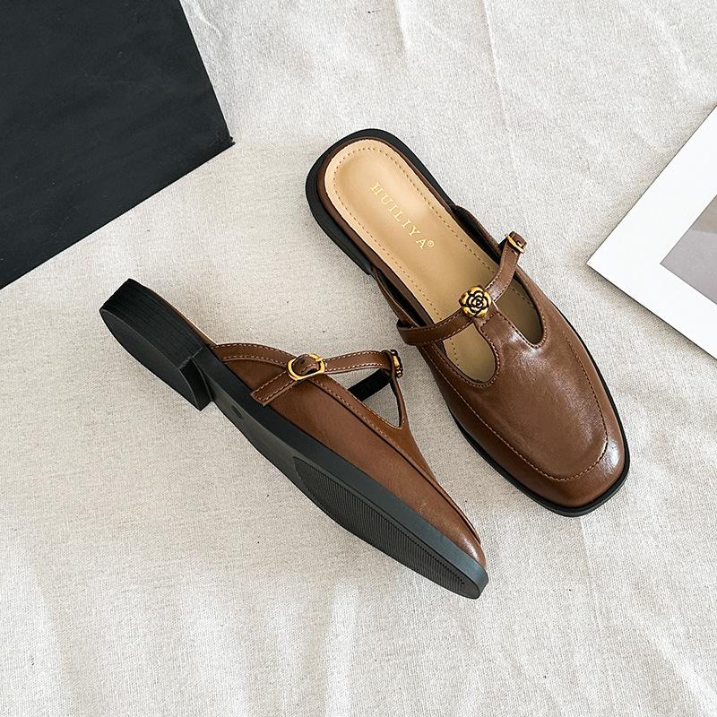 

X139-2 retro simple and high-texture t-buckle with Mary Jane single shoes comfortable and versatile bag head empty slippers women 40 коричневий