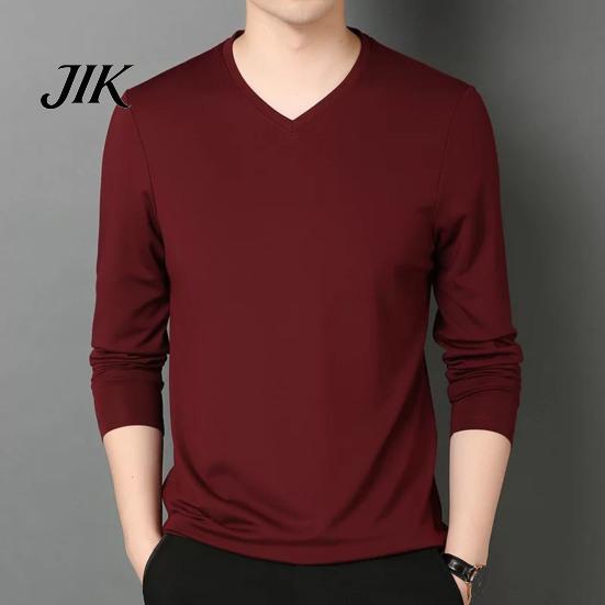 Spring Top Men Fall V Neck Long Sleeves Pure Color Autumn Clothes Slim Fit Thin Pullover T-shirt Daily Wear Sport Homewear