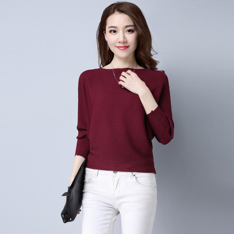 Bat Sleeve Sweater Spring and Autumn Solid Color Pullover Short Long Sleeved Knitted Sweater