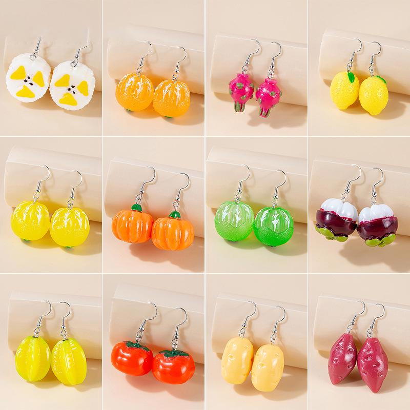 Kawaii Mori-kei Fruit Earrings: Cute Cartoon Mangosteen, Banana, Lemon & Potato Drops