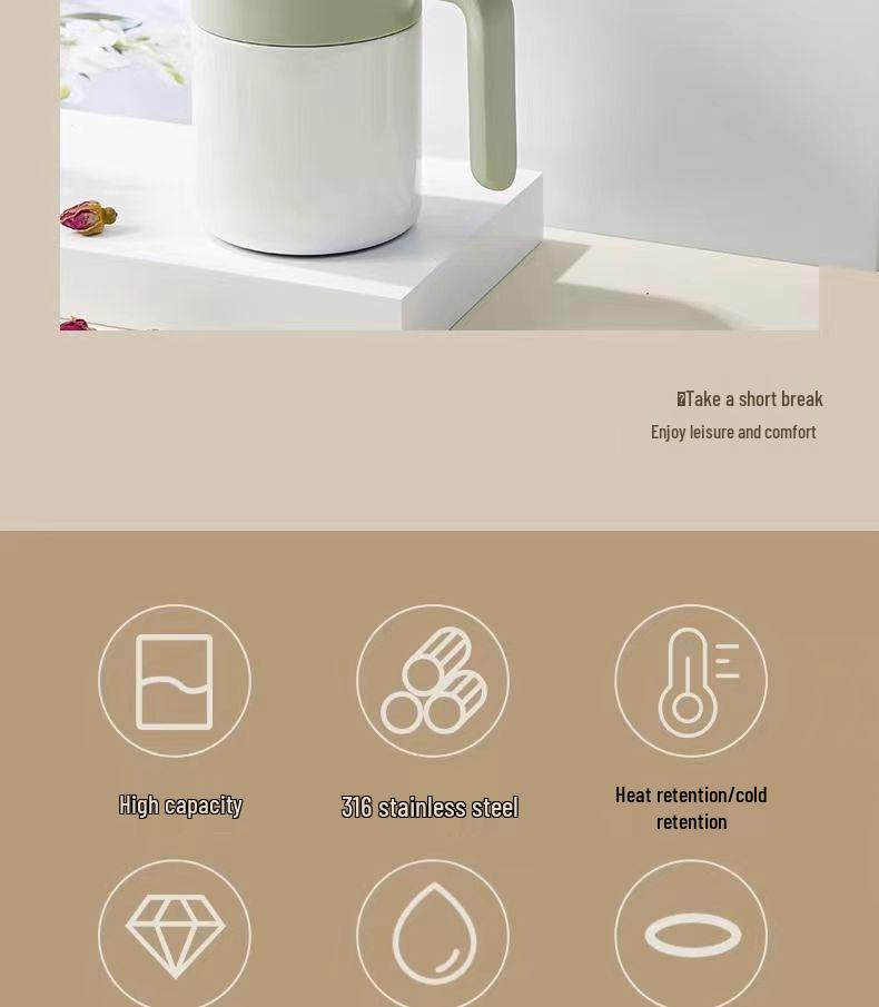 316 Stainless Steel Office Thermos Mug with Handle for Tea Separation, Suitable for Men and Women