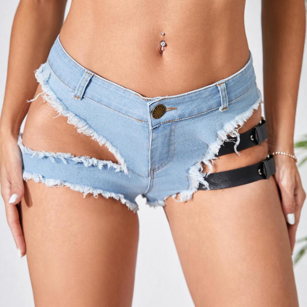 Pantaloncini di jeans strappati elasticizzati a vita alta europei e americani