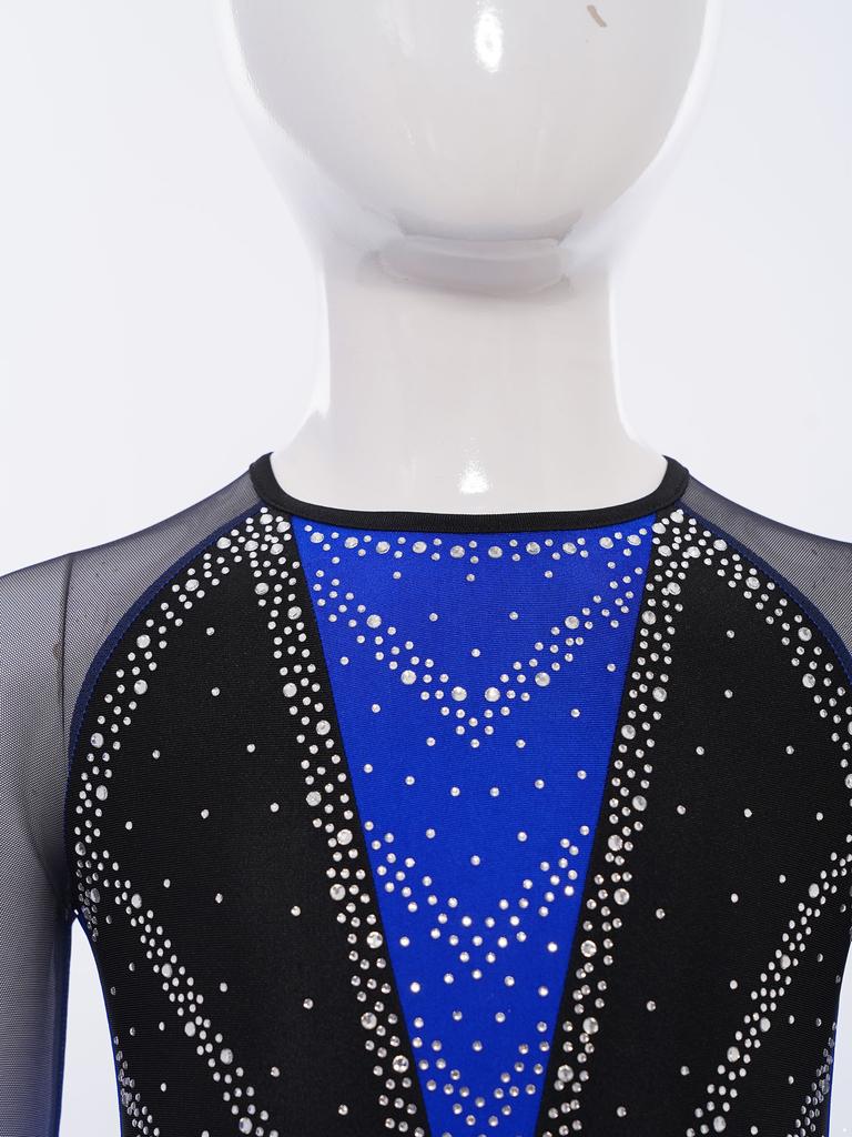 Costum de Gimnastică și Dans pentru Fete cu Mâneci Lungi din Plasă, Decolteu la Spate, Strălucitor cu Strass-uri, Leotard Color-Block
