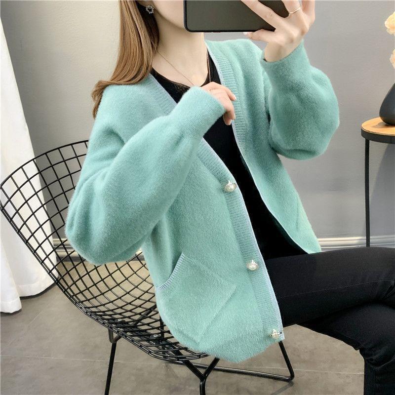 New Autumn and Winter Clothing Solid Color Imitation Mink Fleece Sweater Cardigan Women's Loose Versatile Knitted Top Jacket Women