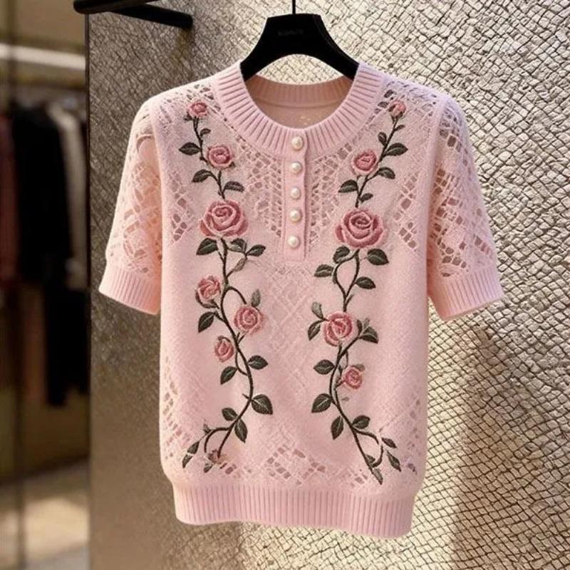 

Womens Pink Floral Embroidered Knit Top Pearl Button Hollow Out Short Sleeve Sweater S розовый
