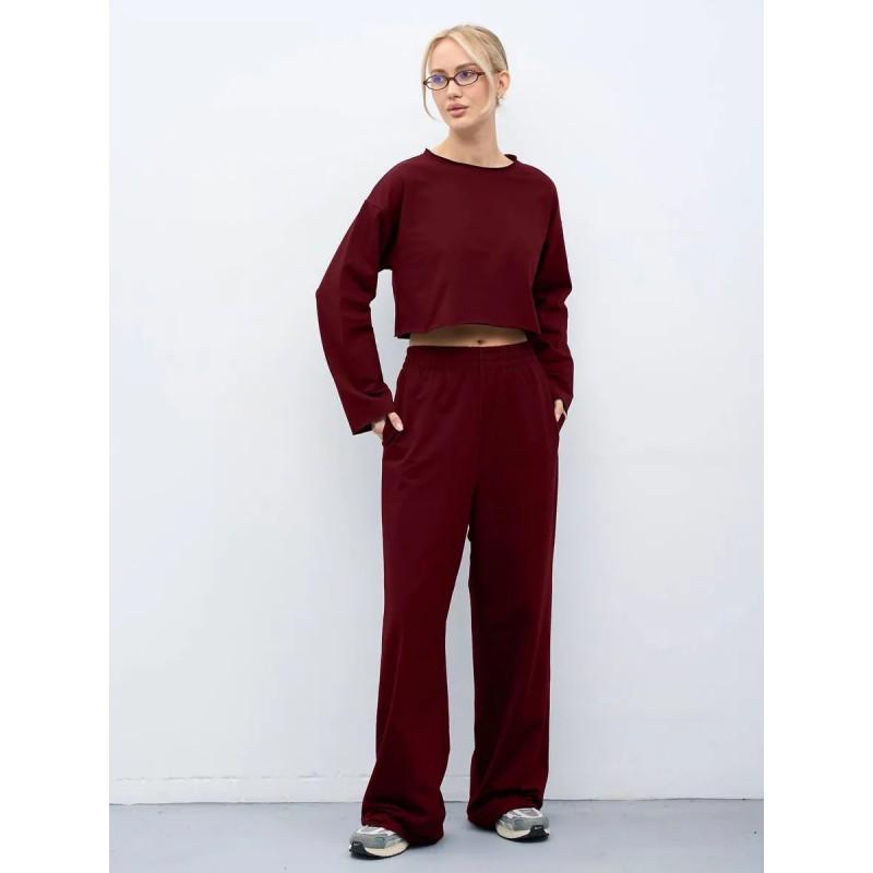 Womens Casual 2-Piece Set Long Sleeve Round Neck T-Shirt Elastic Wide Leg Pants Pure Color Streetwear