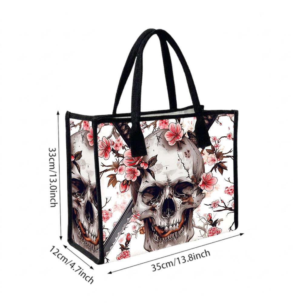 Skull Cherry Blossom Print Casual Tote Bag Fashion Daily Portable Shoulder Bag for Streetwear