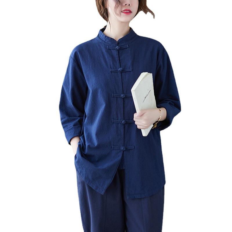 Spring Summer Zen Style Chinese Cotton Linen Frog Button Robe - Loose Fit Tai Chi Suit with Stand Collar for Men