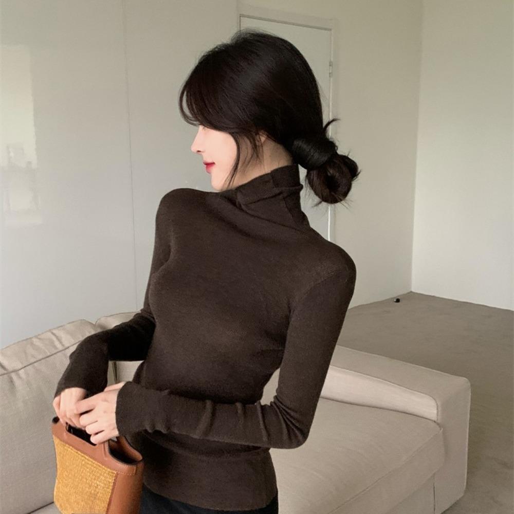 Piled Collar Solid Color All-match Knitted Sweater Women's Autumn and Winter Western-style Slim-fit Coat Inner Knitted Base Shirt