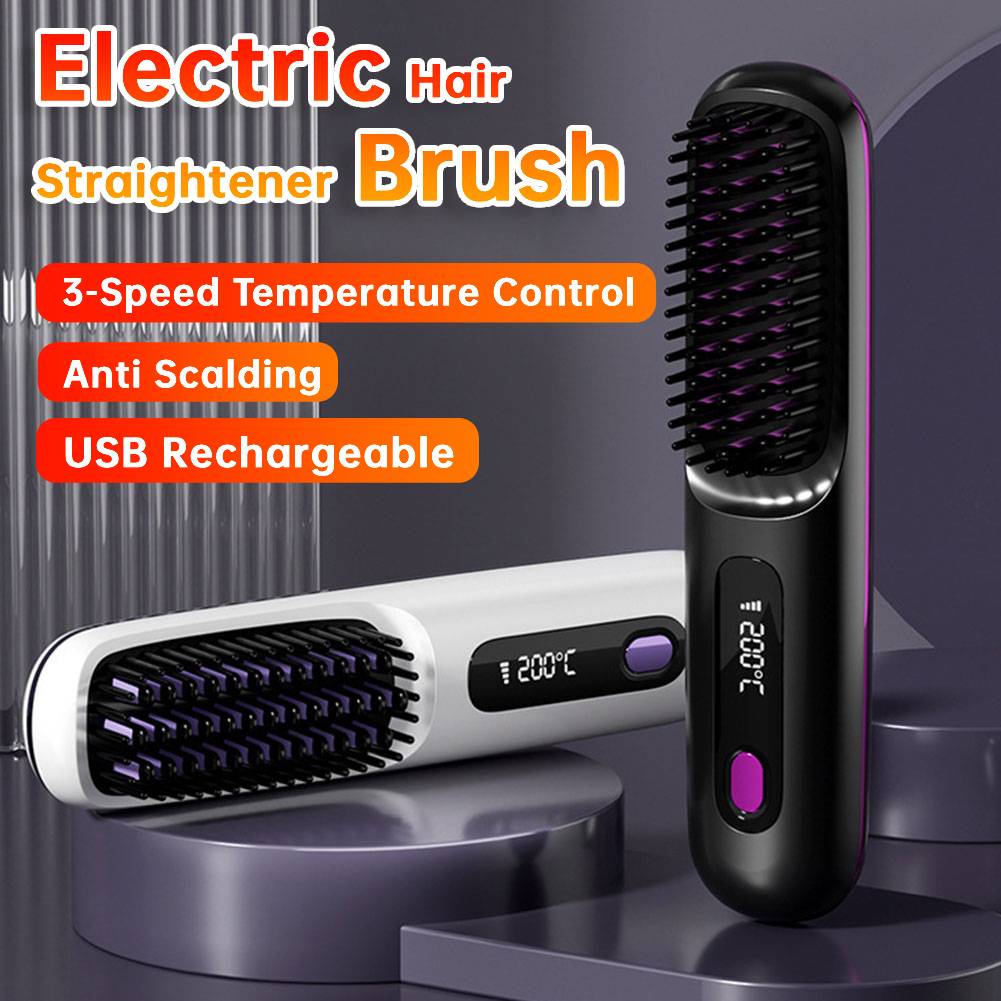 LCD Cordless Hair Straightener Brush Anti-Scald Electric Hot Comb 3 Temp Settings USB Recharing Electric Hair Straightener Comb