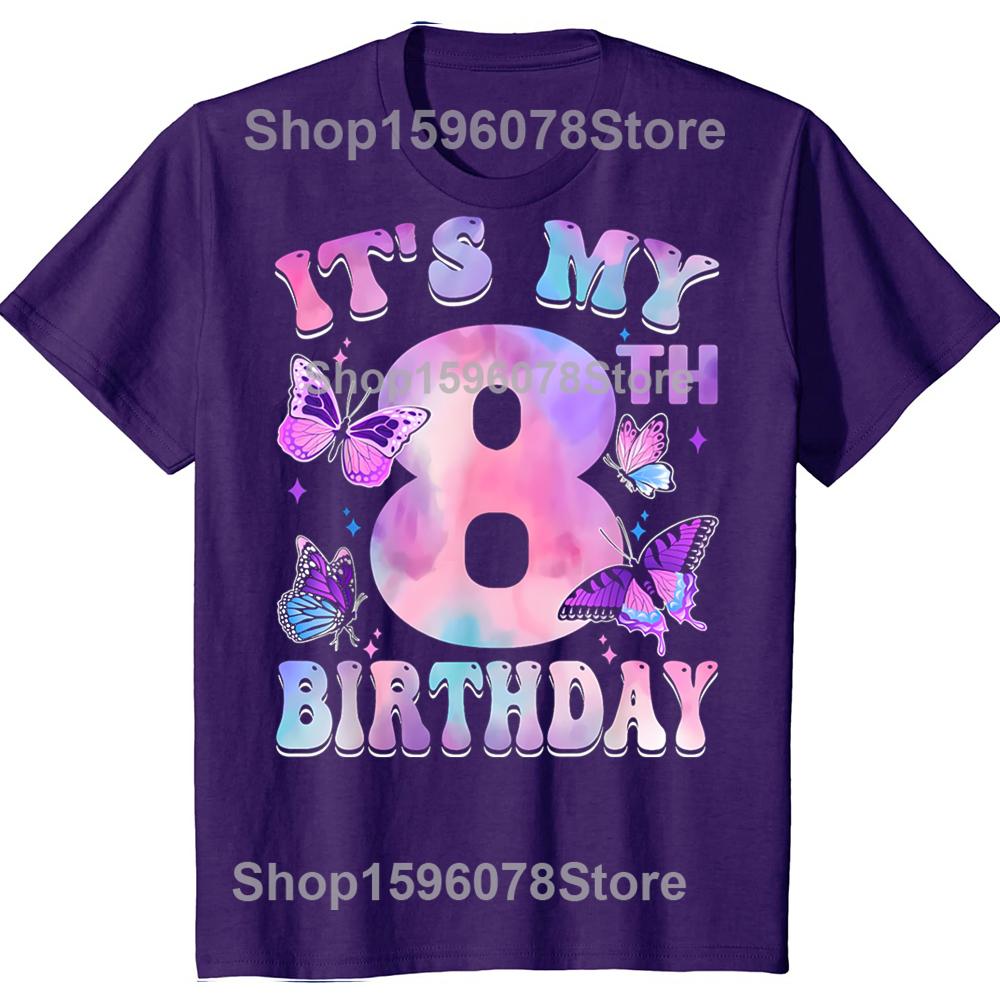 Its My 8th Birthday Butterfly Theme 8 Year Old Party Girl TShirt Men Women Cotton Short Sleeve Oversized Loose Tshirt Tops