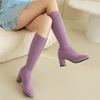 FOREADA Women Knee High Long Boots Round Toe Block High Heels Stretch Gogo Boots Ladies Fashion Shoes Autumn Winter Purple 43