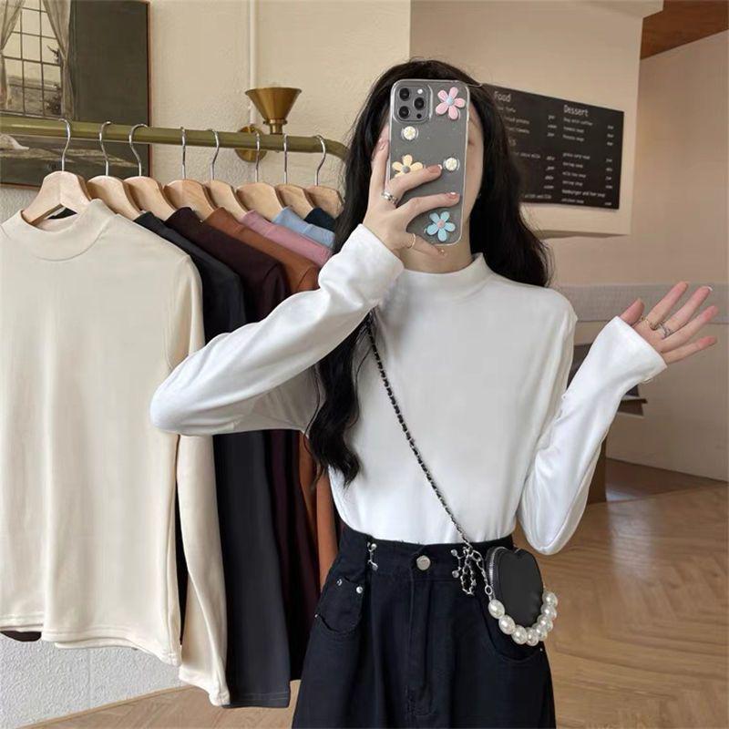 Damski Pluszowy T-shirt z Długim Rękawem i Półgolfem – Stylowy, Wszechstronny, Samorozgrzewający i Ciepły na Jesień/Zimę.