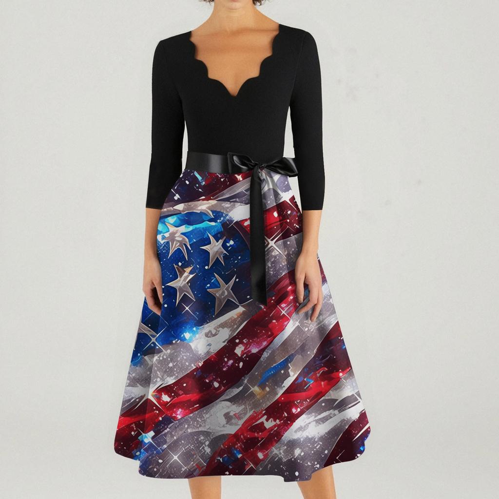 Women's Casual And Fashionable Independent Day Printed V-Neck Seven Point Cuff Waist Belt Dress
