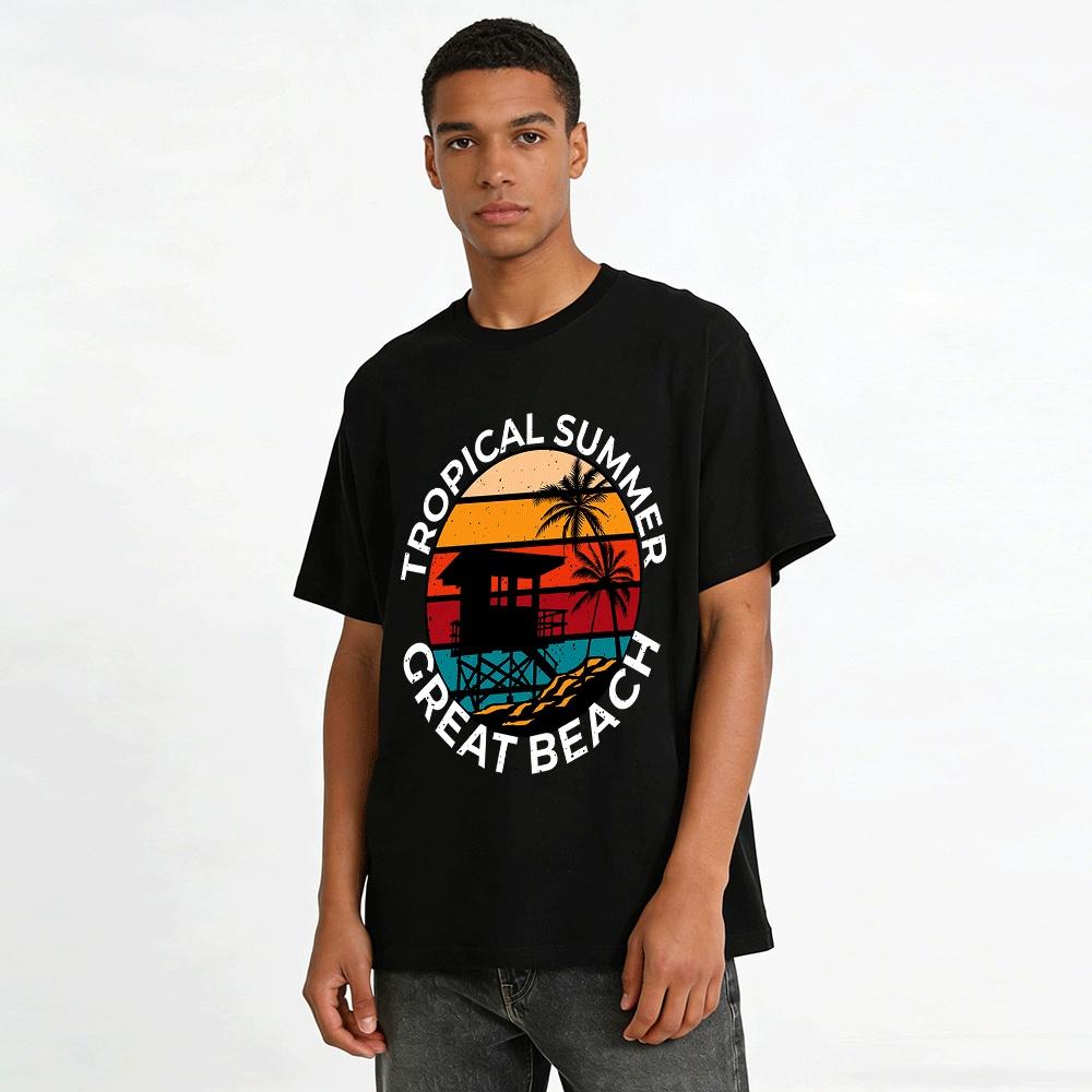 Retro Beach Lifeguard Tower Coconut Tree Graphic Casual Tee Pure Cotton T-shirt