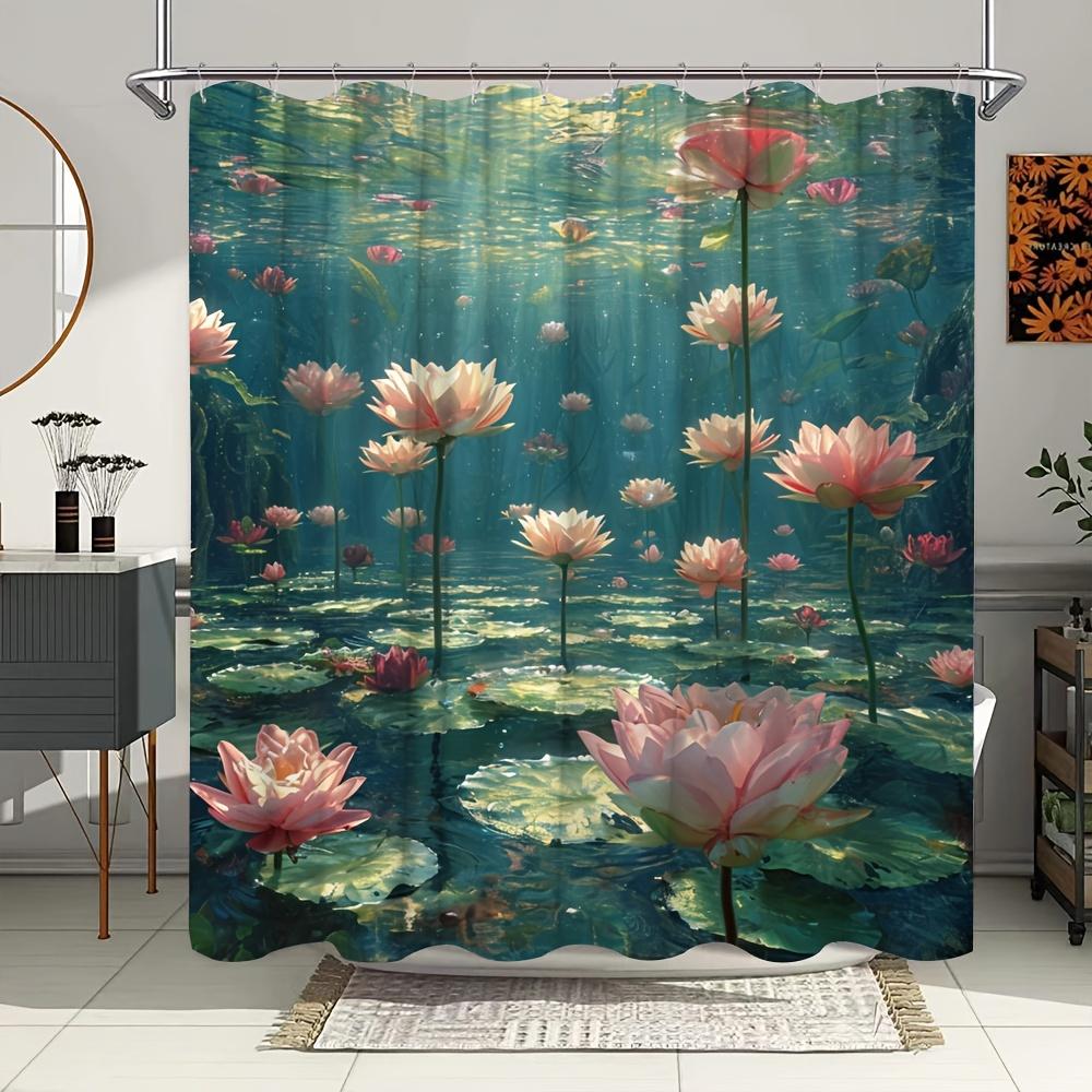 Lotus Lake Shower Curtain - 70.8x70.8 Inch, Vibrant Pink Floral & Aquatic Scenery, Polyester, Easy Clean, Nature-Inspired