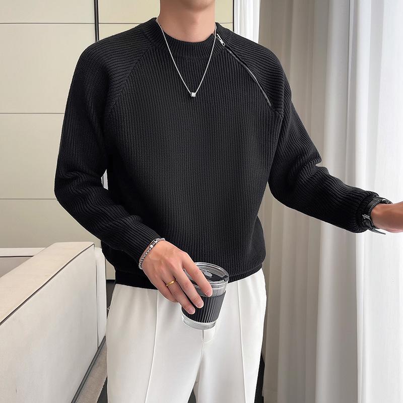 

Мужской свитер пуловер ленивого стиля с круглым вырезом и молнией, однотонный, высококачественный, зимний, вязаный XXL чёрный