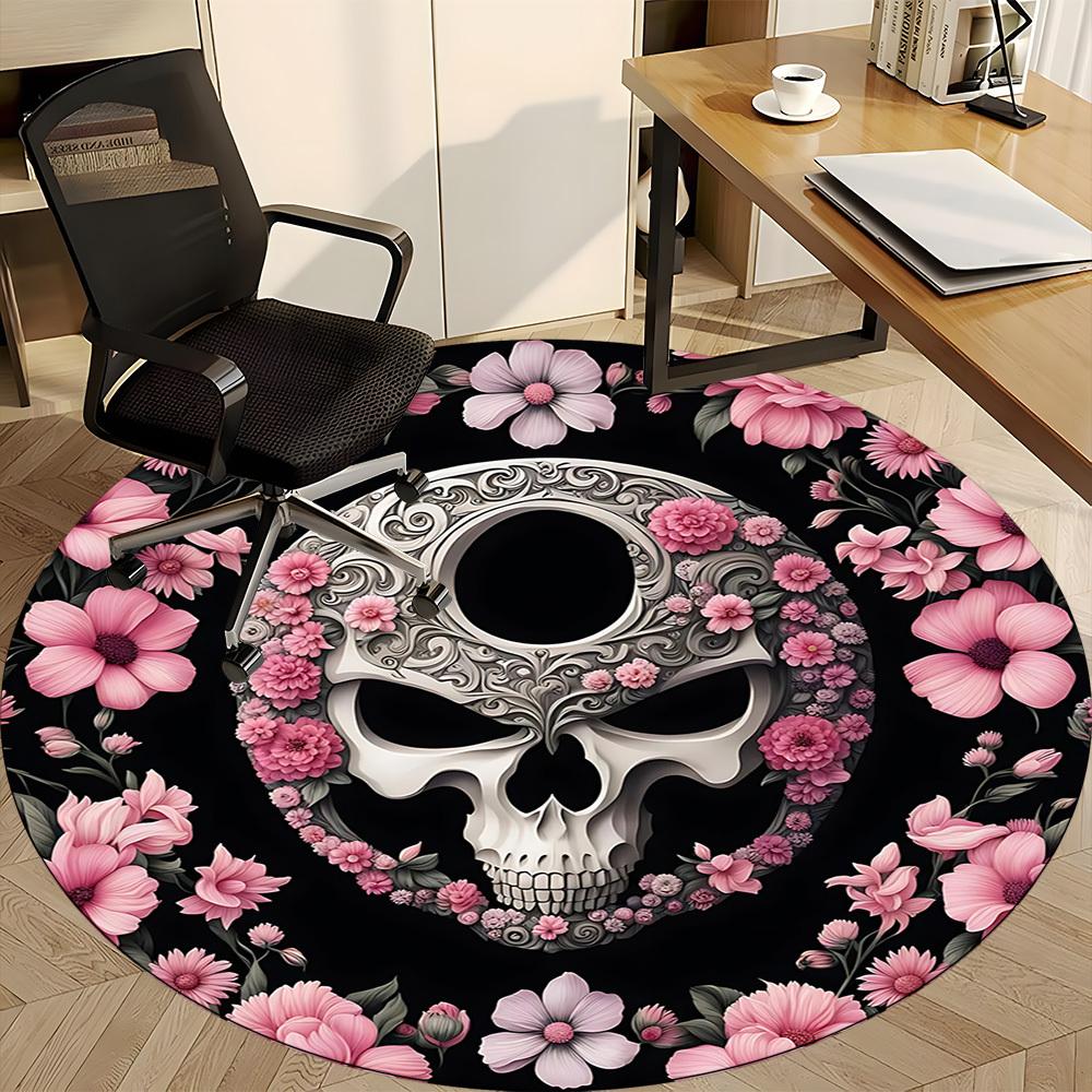 1pc Skull Flowers Office Round Area Rug, Indoor Mat Suitable For Office, Under Office Chairs Bedroom Living Room Home Decor, Room Deco