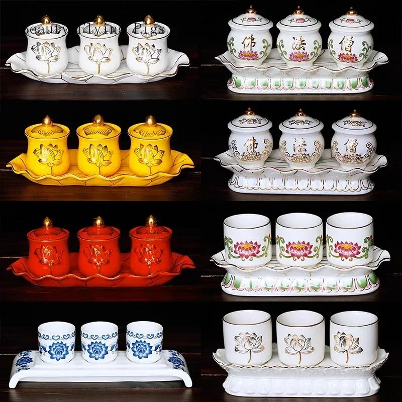 Chinese ceramic Guanyin water supply cup, three supply cups, Buddha cup offering ornaments feng shui  Buddhism