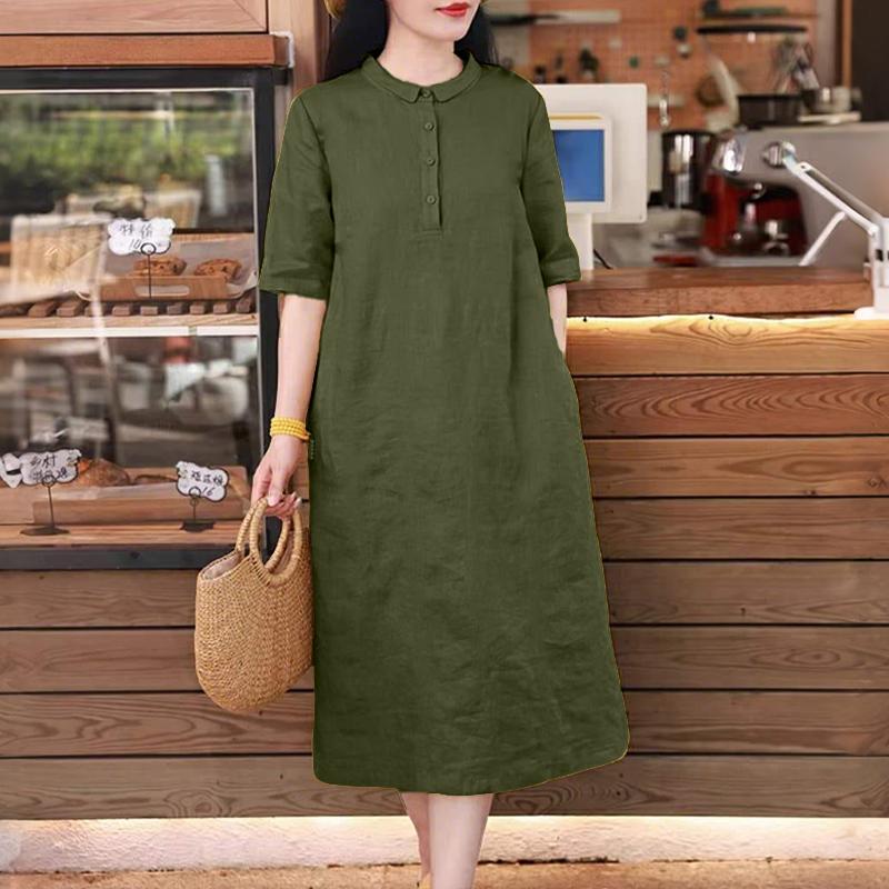 ZANZEA Women Summer Casual Solid Color Loose Short Sleeve Dress