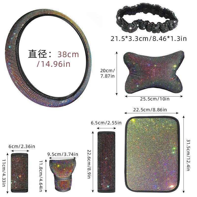 8Pcs Women Car Steering Wheel Cover Armrest Mat Seat Belt Gear Shift Pull Rearview Mirror Cover Headrest Car Accessories Set