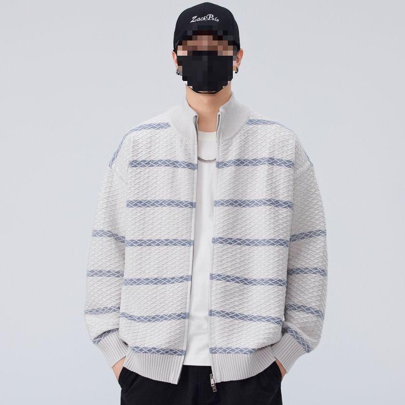 

Men s Korean Style Dark Blue Stripe Knit Sweater, Stand Collar Cardigan for Spring/Autumn. L сірий колір