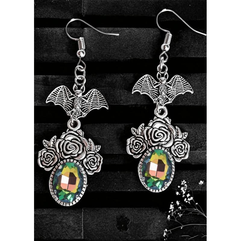 Gothic Shadow Wings Bat & Vampire Red Glass Rose Earrings