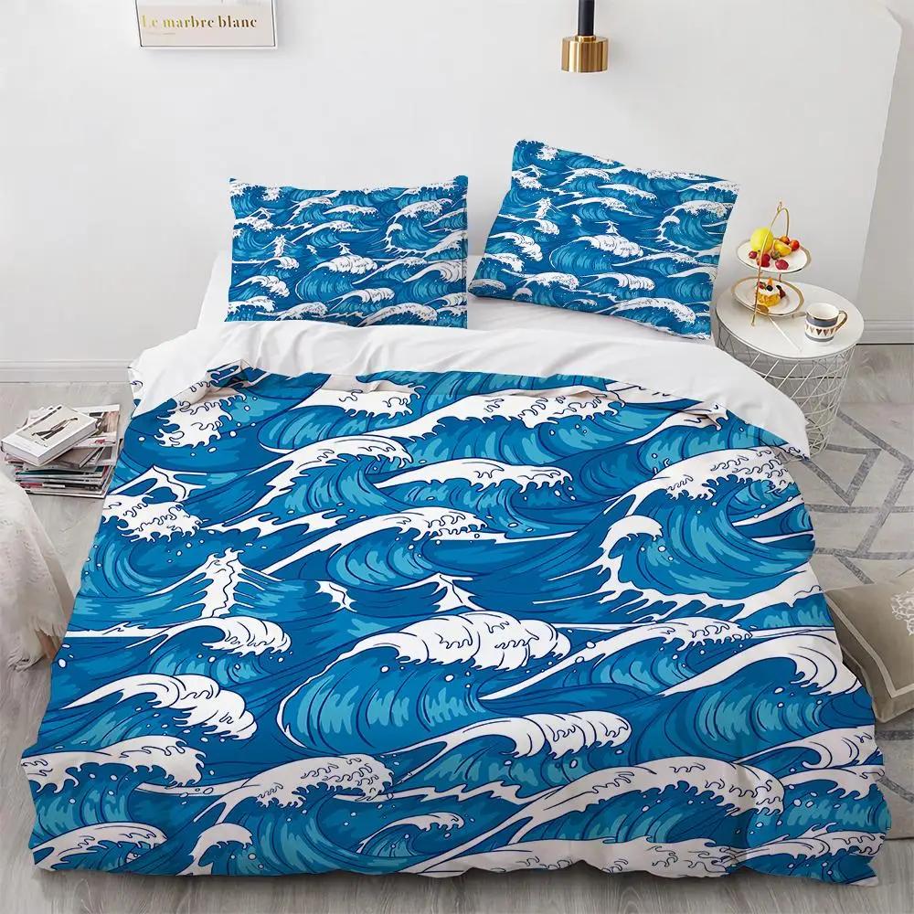 Comforter Wave Hokusai Pattern Japanese Ukiyoe Oriental Sketch Style Ocean Queen Twin Polyester Bedding Set