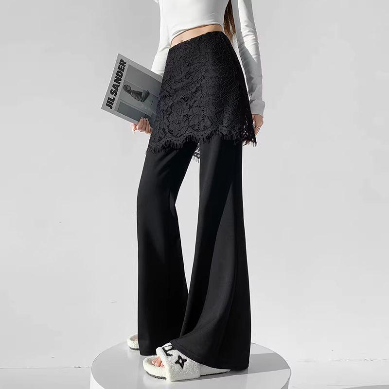 Lace Patchwork Two-Piece Look Micro-Flare Pants for Women - Black High-Waisted Slimming Body-Shaping Trousers, Spring 2026 Arrival