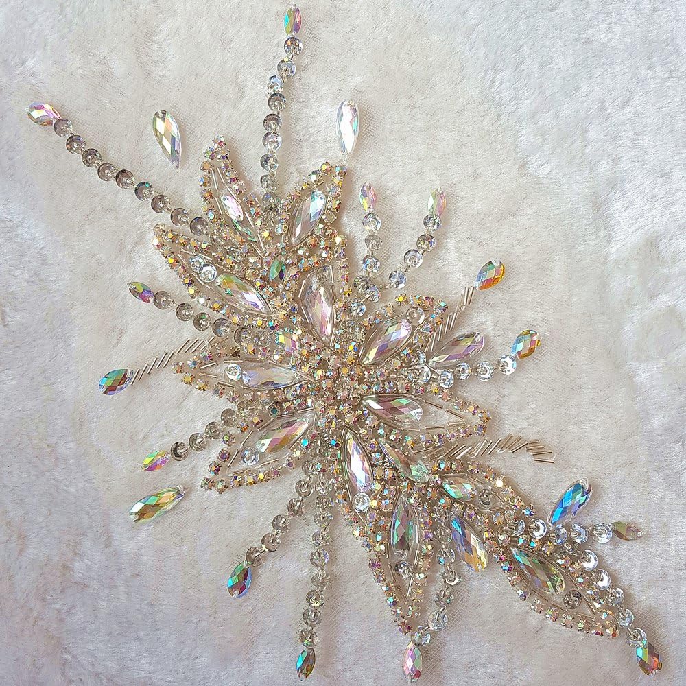 Exquisite Uniquely Pure Handmade AB Colour Bright Crystal Patches Sew-on Rhinestones Applique with Stones Sequins Beads for Wedding Dress DIY Manual