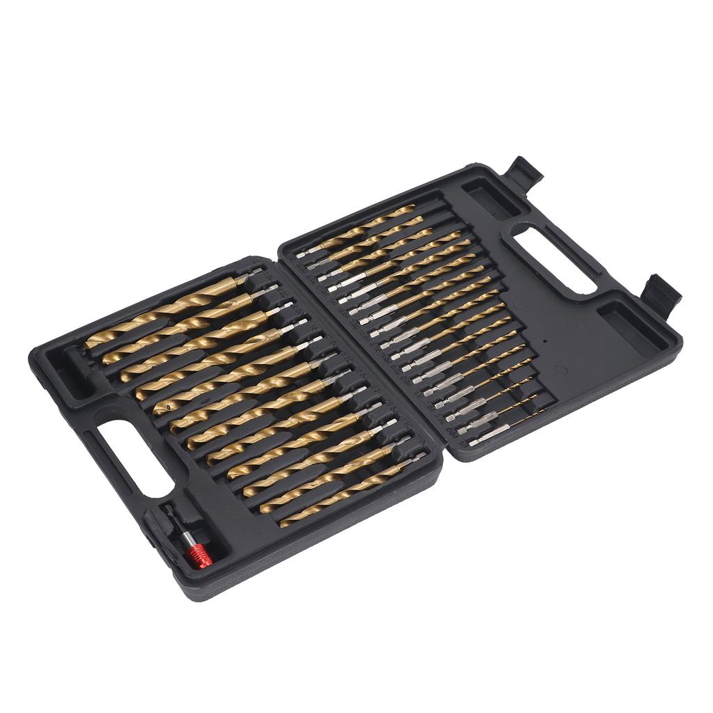 30 Pcs Set Twist Drill Bit 1/4in Shank 1/16 To 1/2in High Speed Steel Twist Drill Bits with Extension Rod Storage Case
