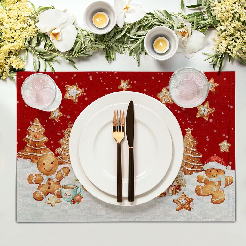 Xmas Placemats Set of 4 Gingerbread Man House Washable Heat Resistant Rectangle Dinner Mats for Party Kitchen Dining Decoration 12x18 Inch