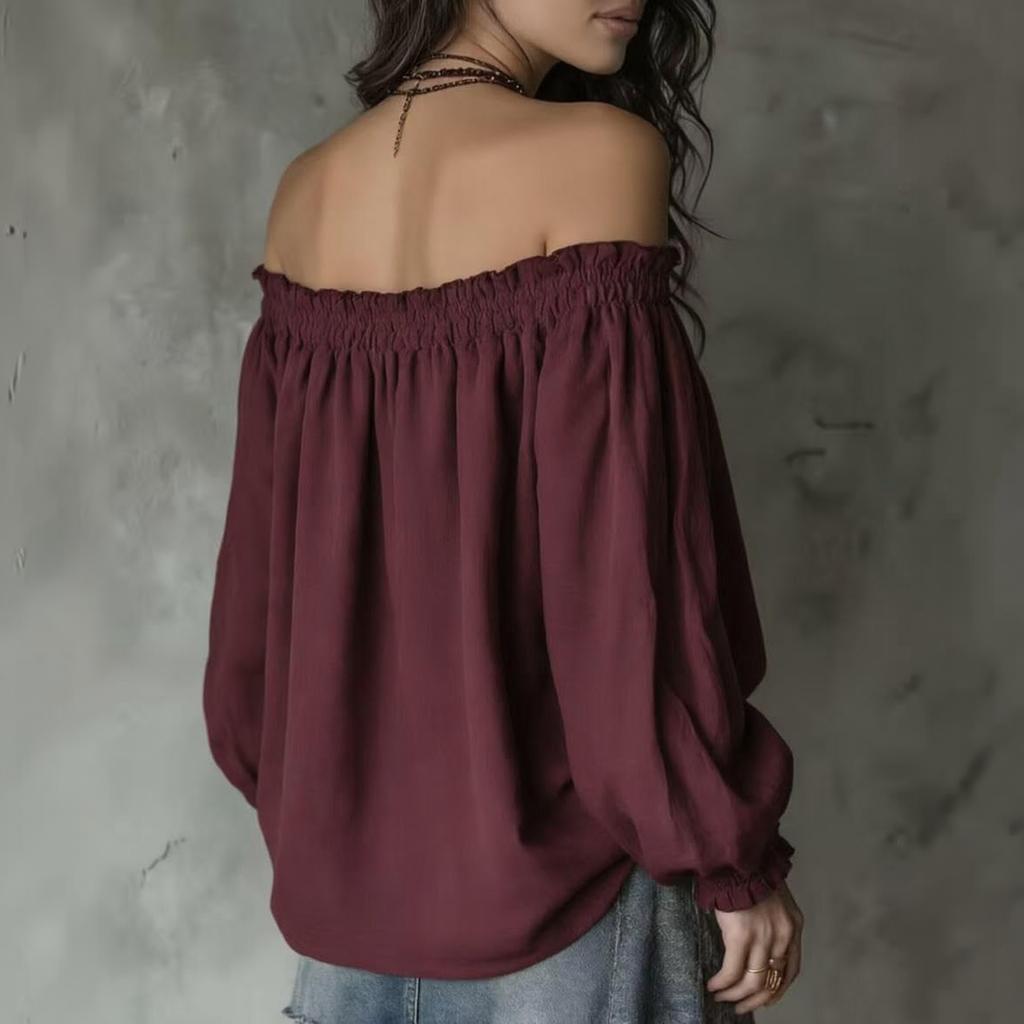 Women's Off-Shoulder Puff Sleeve Blouse with Elastic Neckline and Design Long Sleeve Fashion Top
