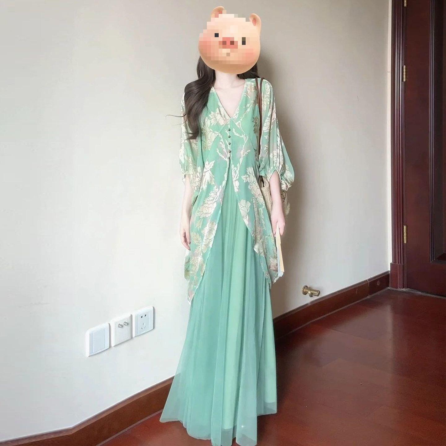 National style new Chinese style green mesh splicing temperament dress is beautiful and good-looking loose long skirt spring and summer M ( 45-52.5kg )