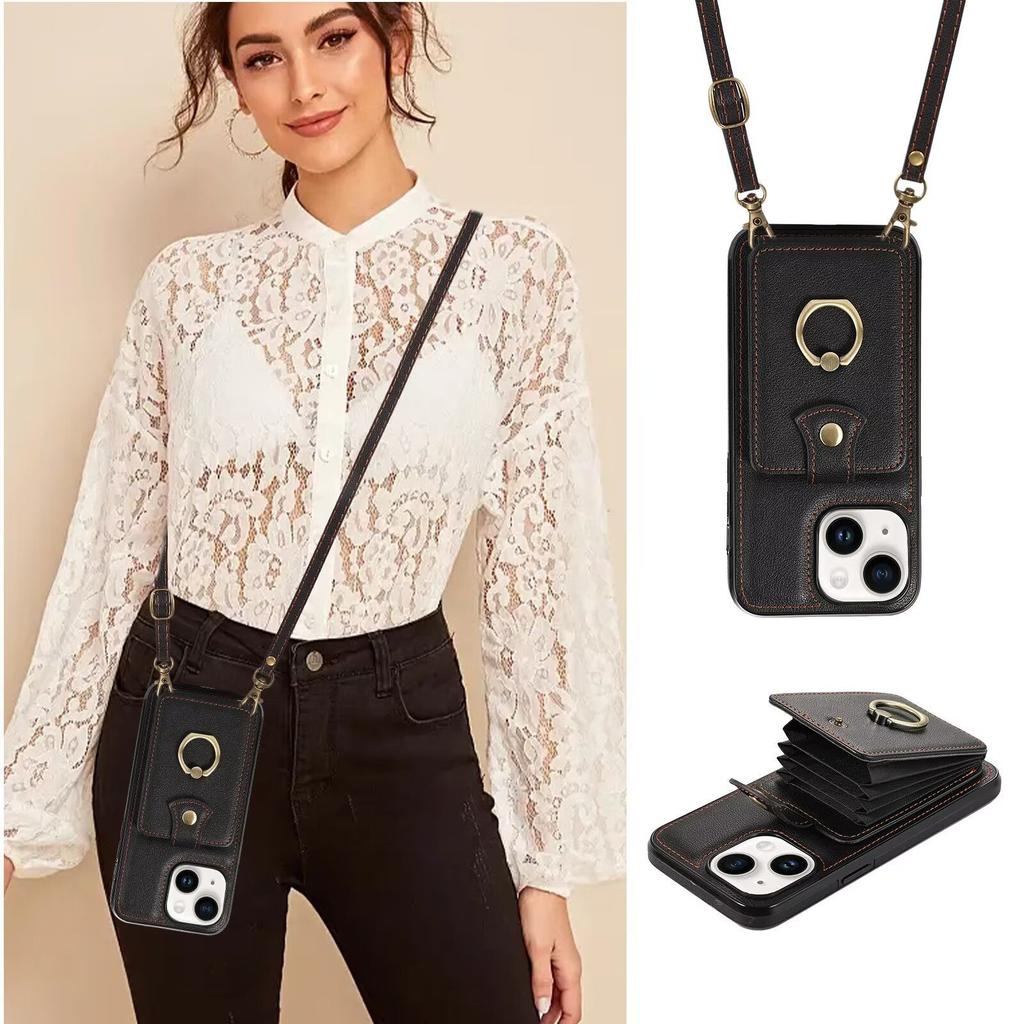 Applicable to iphone15 crossbody organ ring card bag mobile phone case 15pro multi-card all-inclusive bracket case