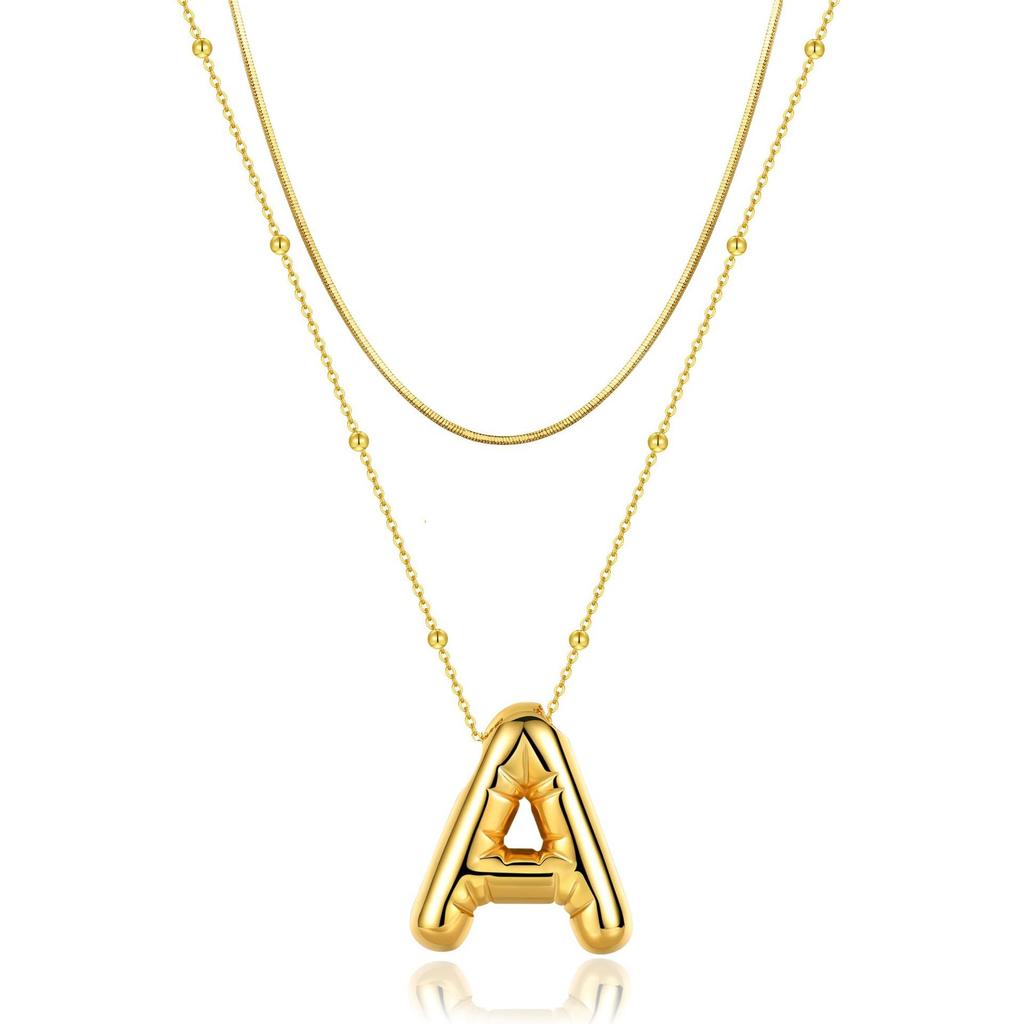 14K Double Round Snake Bone Chain Bead Chain Biscuit Balloon Letter Neck Chain Bubble Letter Foam Letter Necklace