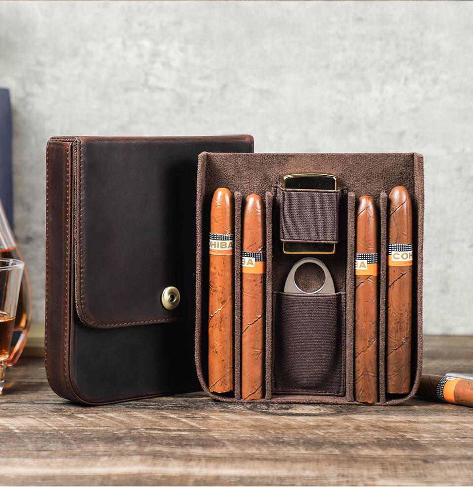 Vintage Crazy Horse Leather 4-Cigar Case with Magnetic Closure