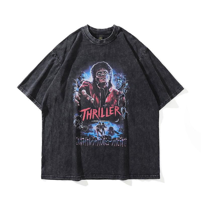 Heavy Cotton American Hip Hop Trendy Brand Retro Printing Washed Old Short-Sleeved T-Shirt Men'S Vintage