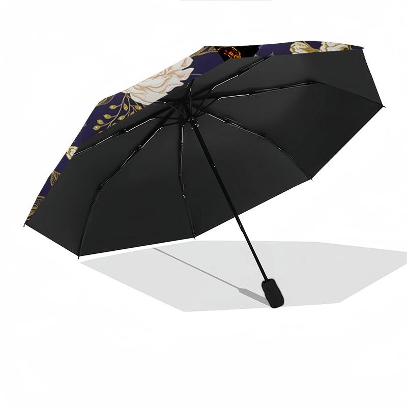 Floral Pattern, Navy Blue Background Themed Automatic Opening and Closing Umbrella, Brightly Colored 8-rib Portable Umbrella, Suitable for M